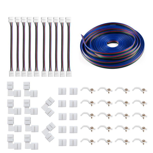 5050 4Pin LED Strip Connector Kit - iCreating 10mm RGB LED Connector Kit includes 32.8FT RGB Extension Cable, 10x LED Strip Jumper, 10x L Shape Connectors, 10x Gapless Connectors, 20x LED Strip Clips