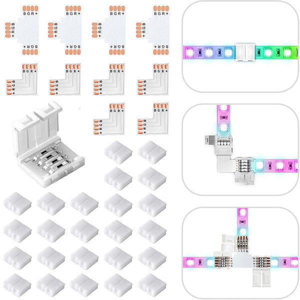 24Packs 4 Pin LED Light Strip Connector Kit 10mm with 6x Cuttable L Shape PCB, 4x Cuttable T Shape PCB, Gapless Solderless Adapter Extension Connection for SMD 5050 RGB LED Strip Lights
