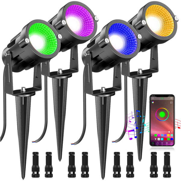 15W RGB Landscape Lights Bluetooth - LED Colored Low Voltage Landscape Lights Outdoor Landscape Lighting RGBW Waterproof Landscape Spotlight Dimmable 2700K, 16 Million Color&Timing& Music Sync (4Pack)
