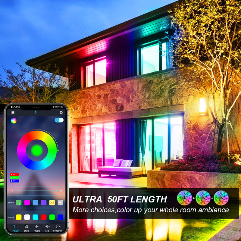 LED Strip Lights 50ft Bluetooth - iCreating 15m RGB Music Sync LED Light Strip Kit App Control with 24key IR Remote and 12V Power Supply Color Changing 5050 LED Tape Lights for Home, Bedroom, Kitchen