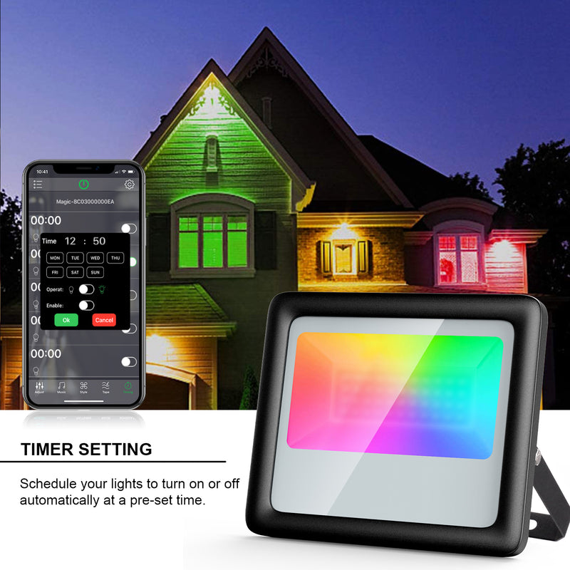 2 Pack 100W RGB LED Flood Light, Bluetooth Smart Floodlights RGBW Color Changing APP Control, Outdoor Waterproof Landscape Lights Dimmable 2700K, 5700K White, 16 Million Colors&Timing& Music Sync