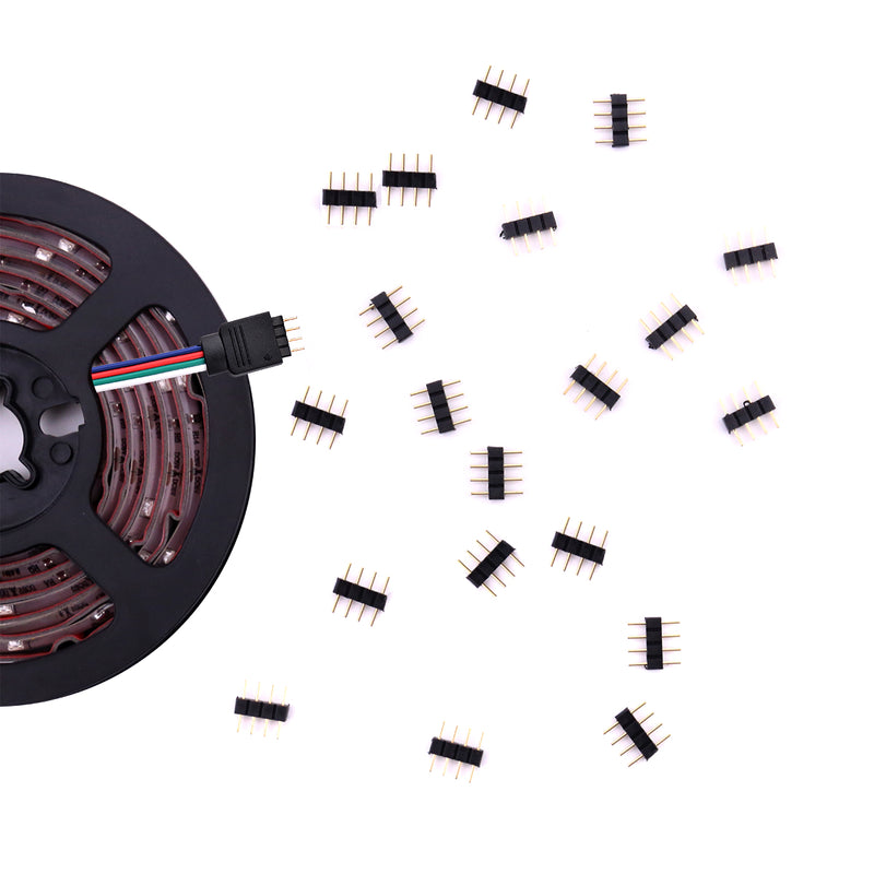 5050 4Pin RGB LED Strip Connector Kit - includes 10x T Shape Connectors, 10x LED Strip Jumper, 10x L Shape Connectors, 10x Gapless Connectors, 20x LED Strip Clips, 20x 4 Pin Male to Male Connector