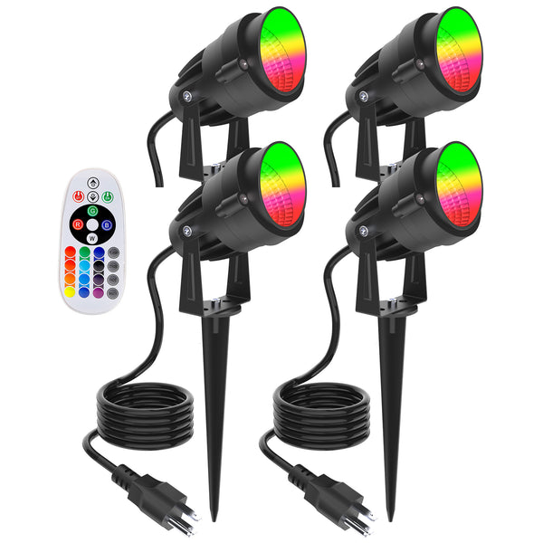 iCreating LED Spot Lights Outdoor - RGB Color Changing Landscape Lights 12W with Remote Waterproof LED Spotlights with Plug Colored Landscape Lighting Uplighting for Tree Multicolor Yard Light (4Pack)
