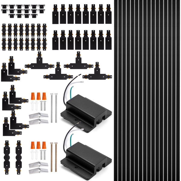 H Track Lighting Rails Kit - iCreating 52.5ft Black Track Lighting Track 3 Wire with Floating Canopy Connector, L Connector, I and T Connector for Single Circuit H Type LED Track Lighting Heads Fixtures