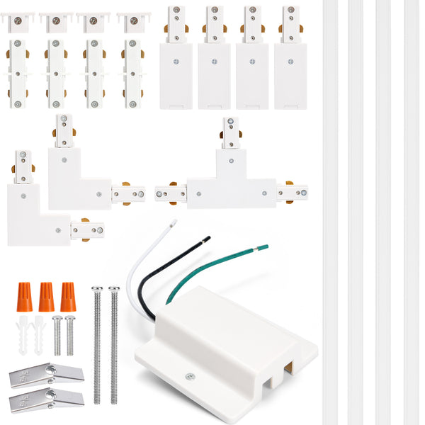 iCreating 13ft White H Track Lighting Rail Kit – 3-Wire Single Circuit Track with Floating Canopy, L, I, and T Connectors – Compatible with H Type LED Track Lighting Heads and Fixtures