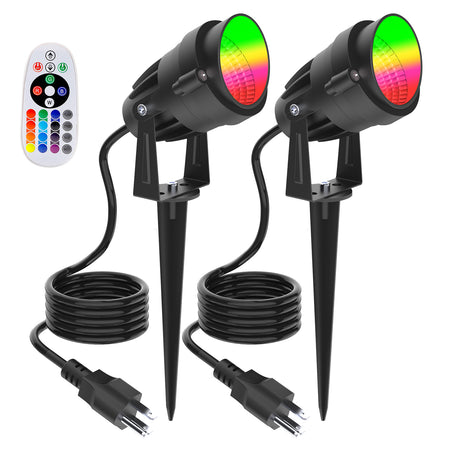 iCreating LED Spot Lights Outdoor - RGB Color Changing Landscape Lights 12W with Remote Waterproof LED Spotlights with Plug Colored Landscape Lighting Uplighting for Tree Multicolor Yard Light (2Pack)