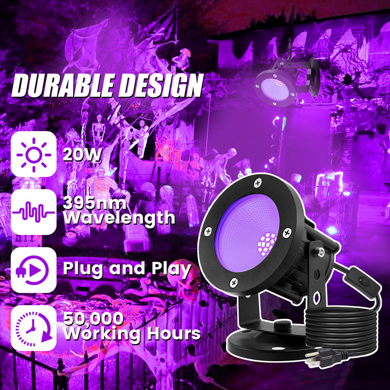 iCreating 20W Black Light Spotlight - Strong Black Light Spot Lights Outdoor IP66 Waterproof Blacklight Spotlights 395nm Blacklight Spot Lights UV Spotlight with Plug for Glow Party Halloween (2 Pack)