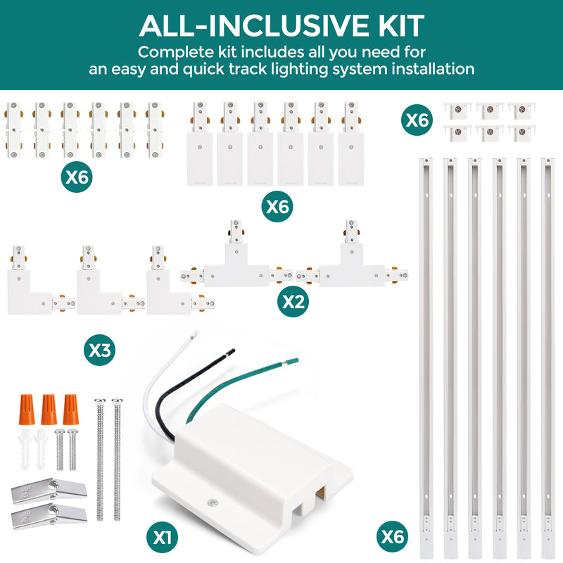 iCreating 20ft White H Track Lighting Kit – 3-Wire Single Circuit Track with Floating Canopy, I, L & T Connectors – Compatible with H-Type LED Track Lighting Fixtures