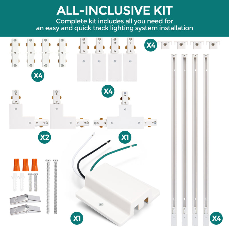 iCreating 13ft White H Track Lighting Rail Kit – 3-Wire Single Circuit Track with Floating Canopy, L, I, and T Connectors – Compatible with H Type LED Track Lighting Heads and Fixtures