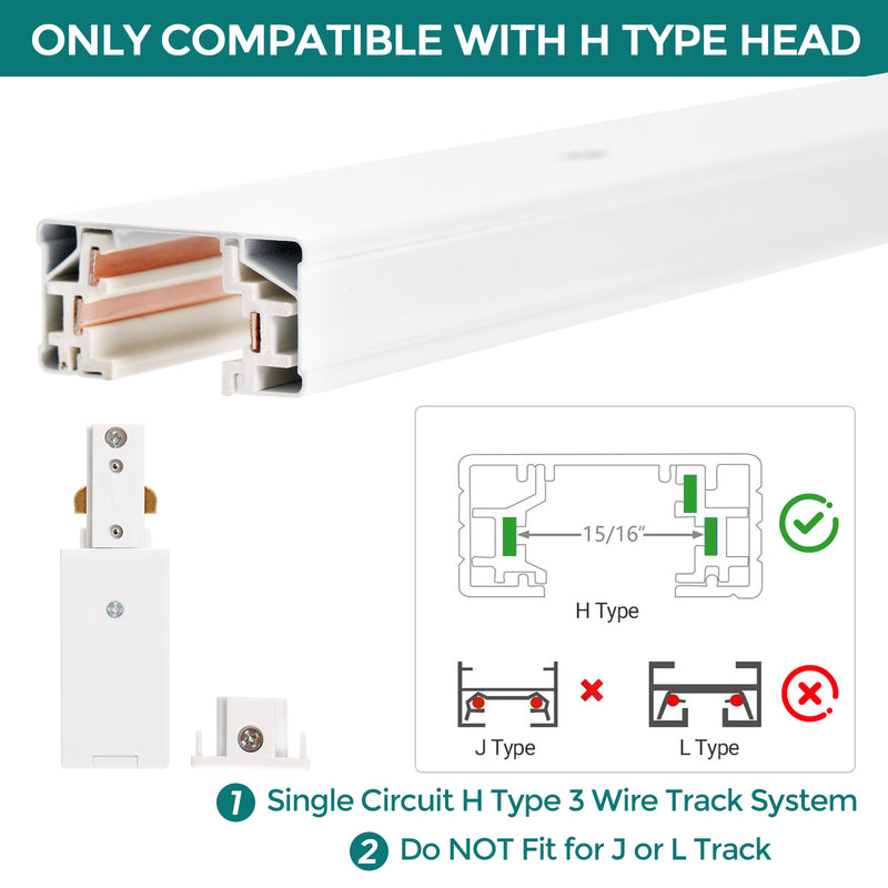 iCreating H Track Lighting Power Feed Connector – White Live End Adapter with End Cap, 3-Wire Accessory for Single Circuit H-Type LED Track Light Fixtures