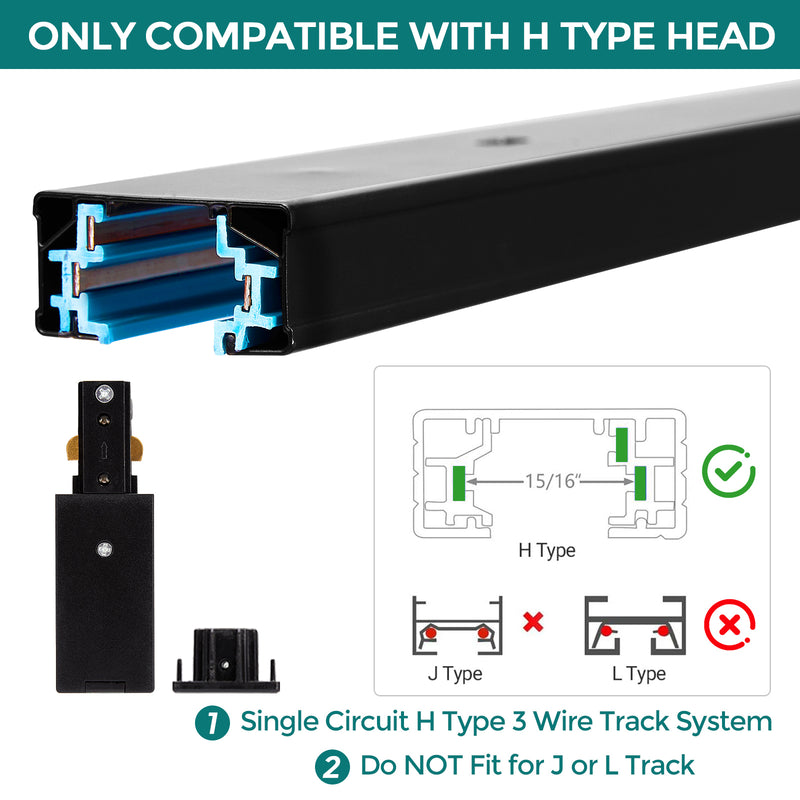 H Track Live End Connector - iCreating Black H Track Live End Power Feed Connector with End Cap, 3 Wire Track Lighting Fixtures Accessories for Single Circuit H Type LED Track Lighting Heads System