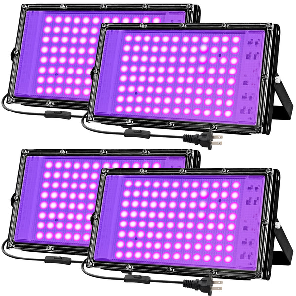 100W Black Light Flood Light, High Power 395nm UV Blacklight, Indoor Outdoor Glow Party Lights, Fluorescent UV Purple Spotlight for Halloween, Stage, Body Paint, and Neon Parties (4 Pack)