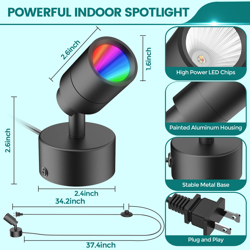 iCreating LED Spotlight Indoor - RGBW Uplighting Indoor Color Changing with Remote for Plants 12W Small tree Spot Lights Mini Stage Lights Plug in Floor Light Uplights for Christmas Halloween (2 Pack, Black)