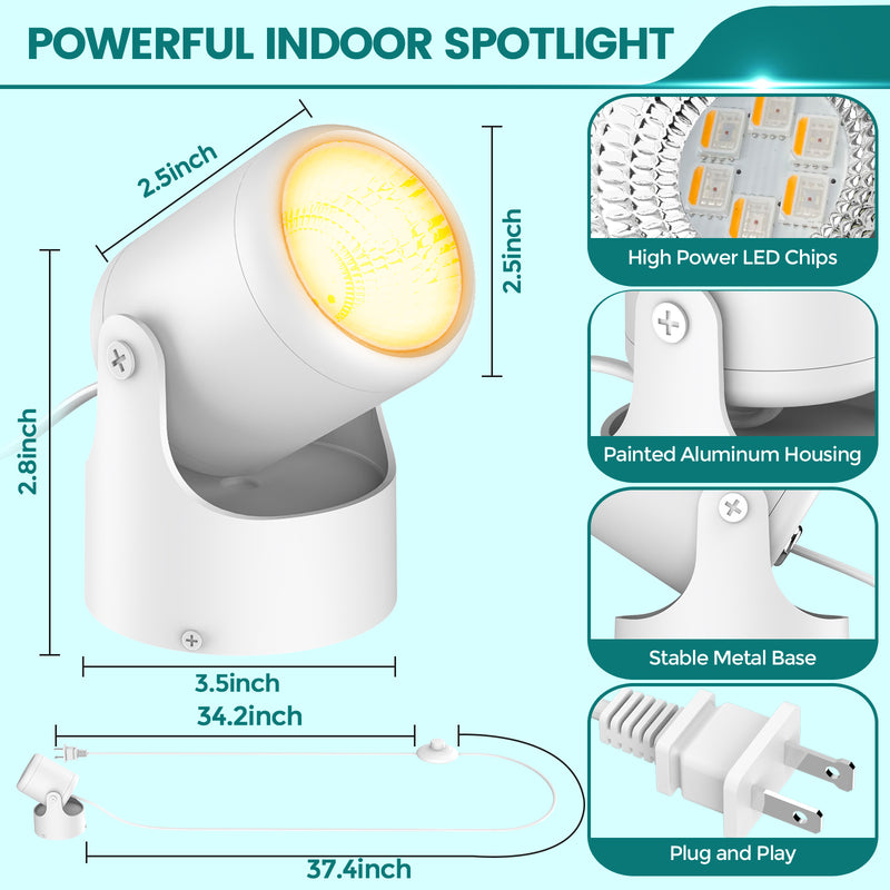 iCreating LED Spotlight Indoor - White Uplighting Indoor 2700K-6500K Stepless Adjustable for Plant 12W Small tree Spot Lights Mini Stage Lights Plug in Floor Light Uplights for Christmas (2Pack White)