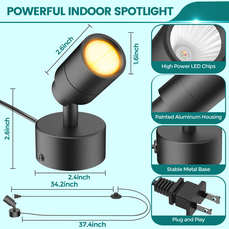 iCreating LED Spotlight Indoor - White Uplighting Indoor 2700K-6500K Stepless Adjustable for Plant 12W Small tree Spot Lights Mini Stage Lights Plug in Floor Light Uplights for Christmas (2Pack Black)