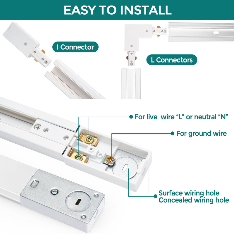 iCreating 13ft White H Track Lighting Rail Kit – 3-Wire Single Circuit Track with Floating Canopy, L, I, and T Connectors – Compatible with H Type LED Track Lighting Heads and Fixtures
