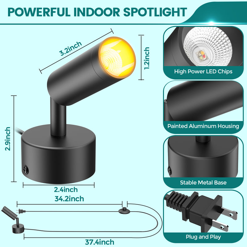 iCreating LED Spotlight Indoor - White Uplighting Indoor 2700K-6500K Stepless Adjustable for Plant 12W Small tree Spot Lights Mini Stage Lights Plug in Floor Light Uplights for Christmas (2Pack Black)
