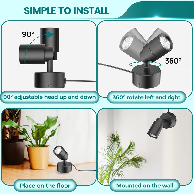 iCreating LED Spotlight Indoor - White Uplighting Indoor 2700K-6500K Stepless Adjustable for Plant 12W Small tree Spot Lights Mini Stage Lights Plug in Floor Light Uplights for Christmas (2Pack Black)