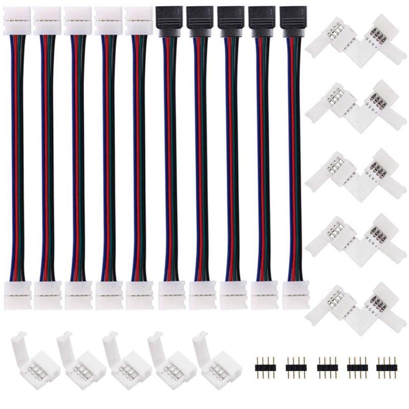 5050 4 Pin LED Strip Connector Kit - iCreating 10mm RGB LED Connector Kit includes 5x Strip to RGB Controller Jumper, 5x LED Strip to Strip Jumper, 5x L Shape Connectors, 5x Gapless Connectors