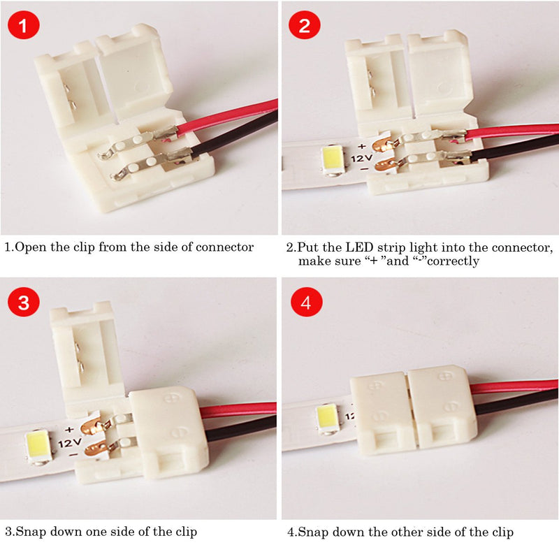 iCreating 8mm 2 Pin LED Strip Connector with Pigtail (10pcs), 3528 Flexible LED Connector Solderless Clamp On Pigtail Adapter for 8mm Wide SMD 3528 2835 Single Color Flexible LED Tape