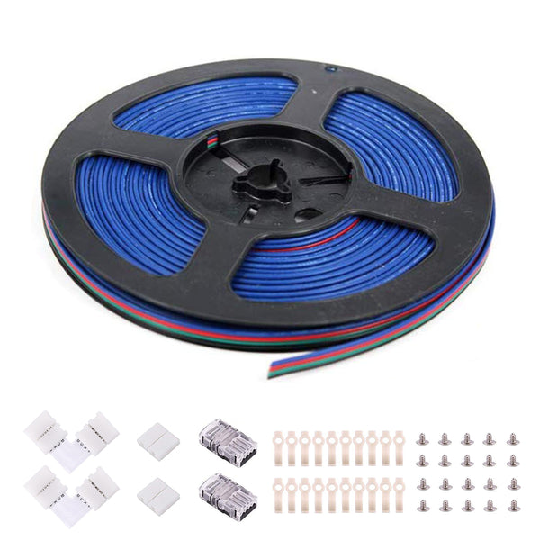 4Pin RGB Wire Extension Kit - include 16.4FT RGB Extension Cable Wire Cord, 2x Quick Wire to Strip Connector, 2x L Shape LED Strip Light Connectors, 2x Gapless LED Light Strip Connector, 20x LED Strip