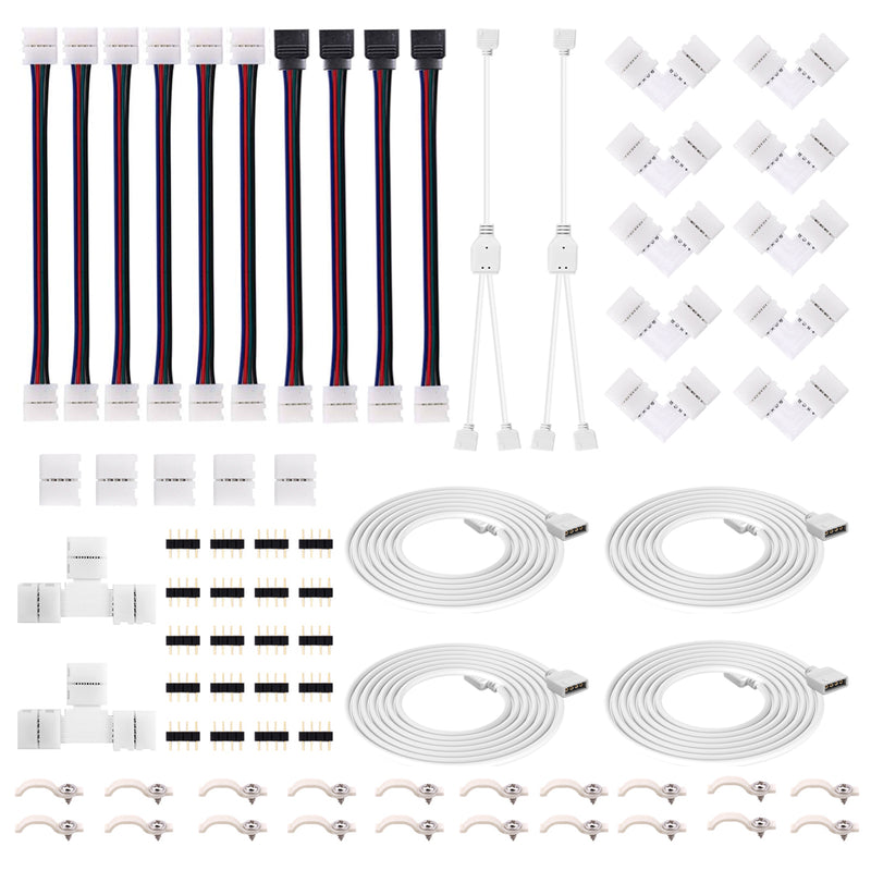 4Pin RGB LED Strip Connector Kit - Include 5050 4Pin 2 Way RGB Splitter Cable, 6.6ft RGB Extension Cable, RGB Controller Jumper, LED RGB Jumper, L & T Shape Connectors, Male Connector, LED Strip Clip