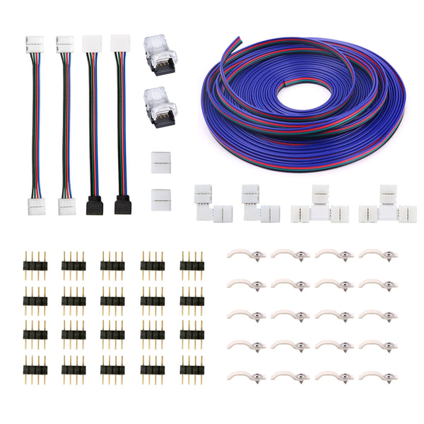 5050 4Pin RGB LED Strip Connector Kit - include 16.4FT RGB Extension Cable, 2x T & L Shape Connectors, 4x Strip Jumper, 2x Gapless Connector, 20x LED Strip Clip, 20x Male Connector, 2x Quick Connector