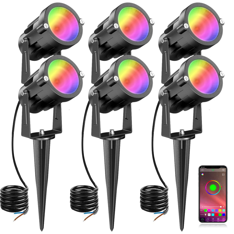 15W RGB Landscape Lights Bluetooth - LED Colored Low Voltage Landscape Lights Outdoor Landscape Lighting RGBW Waterproof Landscape Spotlight Dimmable 2700K, 16 Million Color&Timing& Music Sync (6Pack)