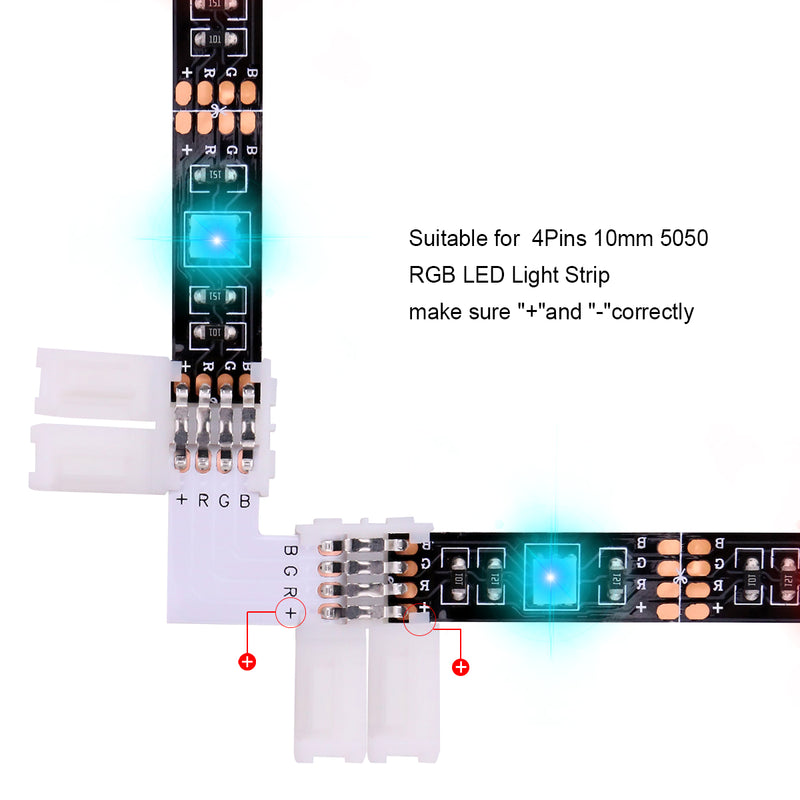 5050 4Pin RGB LED Strip Connector Kit - LED Connector Kit includes 20x L Shape Connectors, 20x Gapless Connectors, 2x T Shape Connector, 20x LED Strip Clips, 10x 4 Pin Male to Male Connector