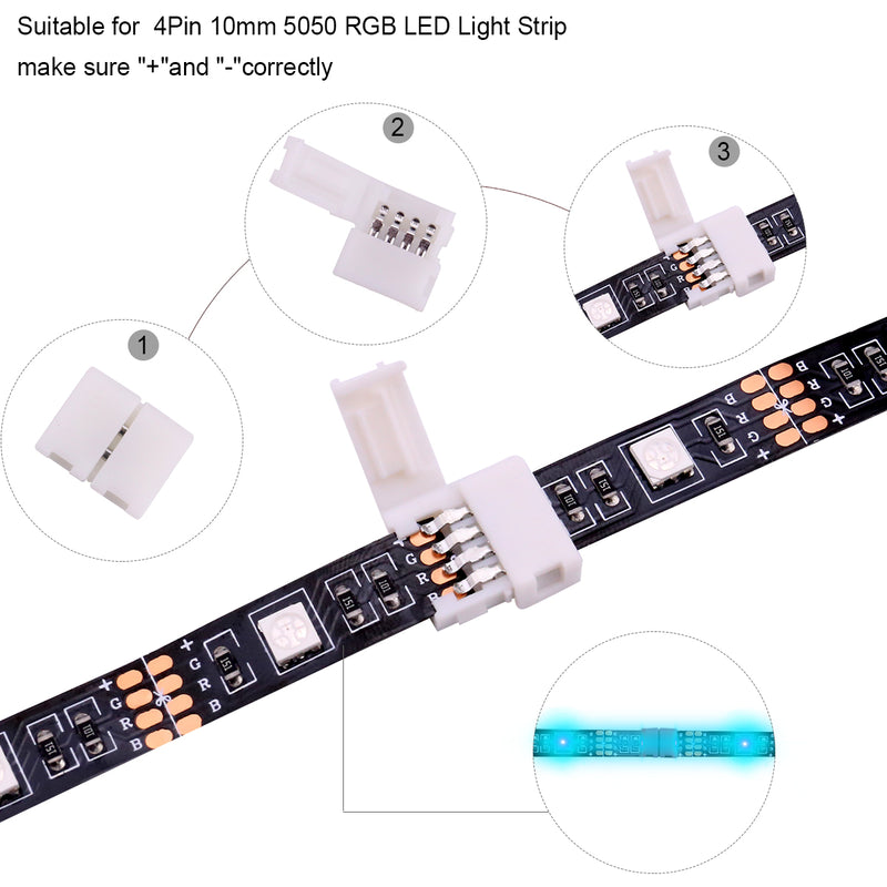 5050 4Pin RGB LED Strip Connector Kit - LED Connector Kit includes 20x L Shape Connectors, 20x Gapless Connectors, 2x T Shape Connector, 20x LED Strip Clips, 10x 4 Pin Male to Male Connector