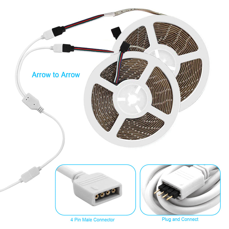 RGB LED Strip Extension Cable - 2PCS 16.4ft 5M RGB Extension Cable Cord Wire 4 Pin LED Strip Connector with 2 Way RGB Splitter Cable, RGB LED Strip Jumper, 4Pin Male to Male Connector, Cable Holder