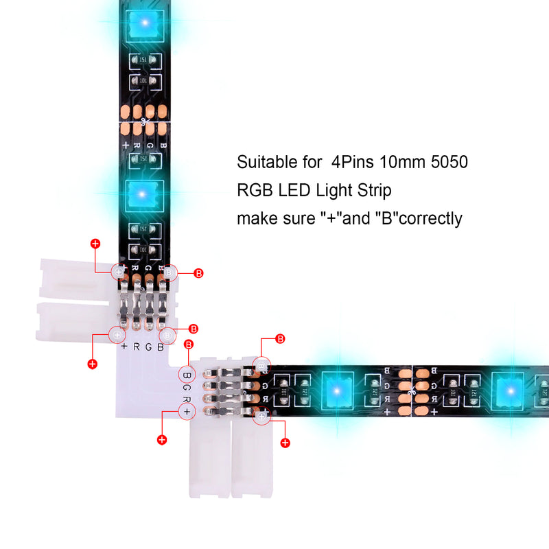 5050 4 Pin LED Strip Connector Kit - iCreating 10mm RGB LED Connector Kit includes 5x Strip to RGB Controller Jumper, 5x LED Strip to Strip Jumper, 5x L Shape Connectors, 5x Gapless Connectors