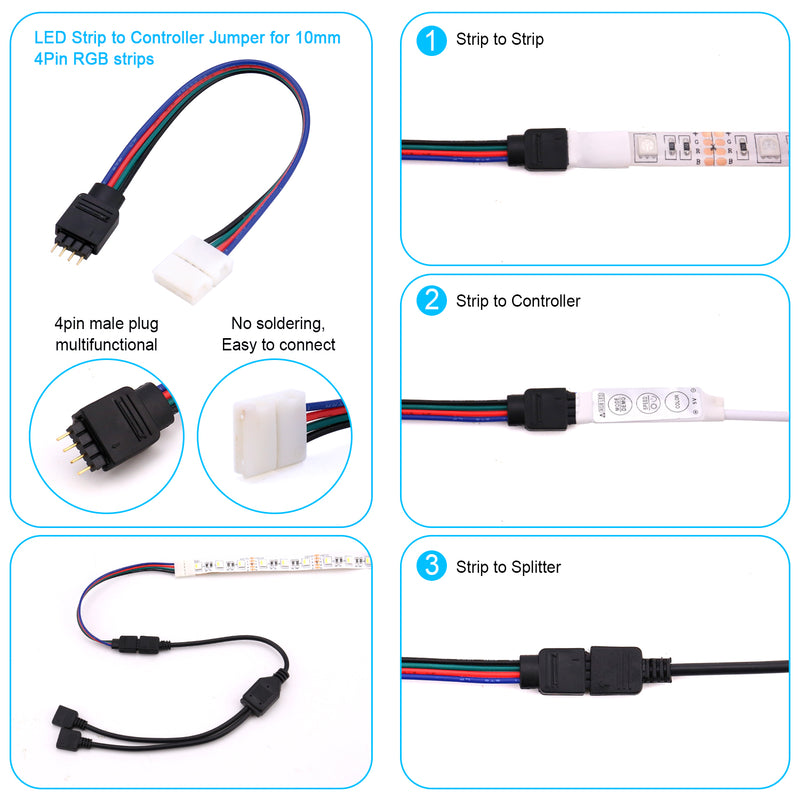 RGB LED Strip Extension Cable - 2PCS 16.4ft 5M RGB Extension Cable Cord Wire 4 Pin LED Strip Connector with 2 Way RGB Splitter Cable, RGB LED Strip Jumper, 4Pin Male to Male Connector, Cable Holder