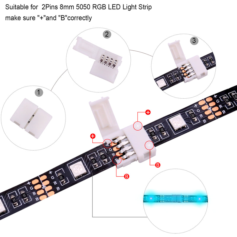 5050 4 Pin LED Strip Connector Kit - iCreating 10mm RGB LED Connector Kit includes 5x Strip to RGB Controller Jumper, 5x LED Strip to Strip Jumper, 5x L Shape Connectors, 5x Gapless Connectors