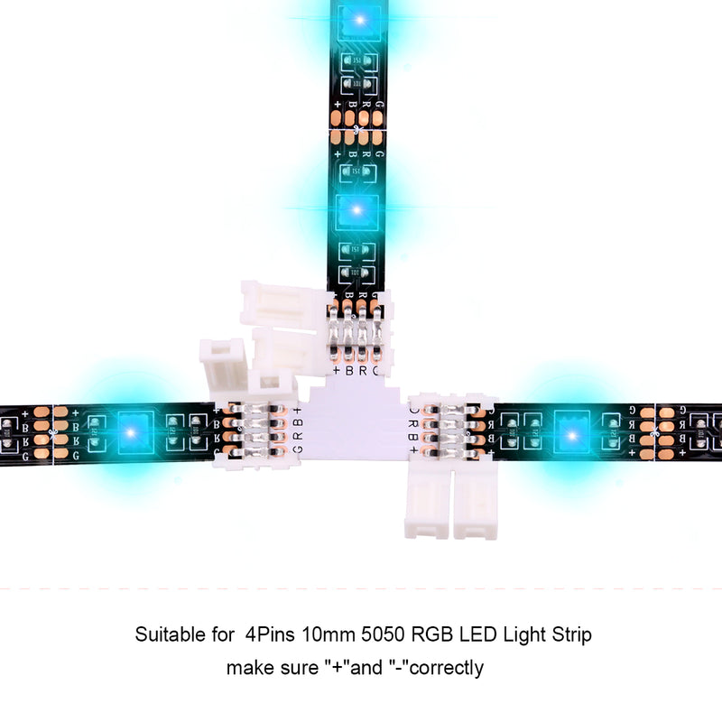 4Pin RGB LED Strip Connector Kit - Include 5050 4Pin 2 Way RGB Splitter Cable, 6.6ft RGB Extension Cable, RGB Controller Jumper, LED RGB Jumper, L & T Shape Connectors, Male Connector, LED Strip Clip