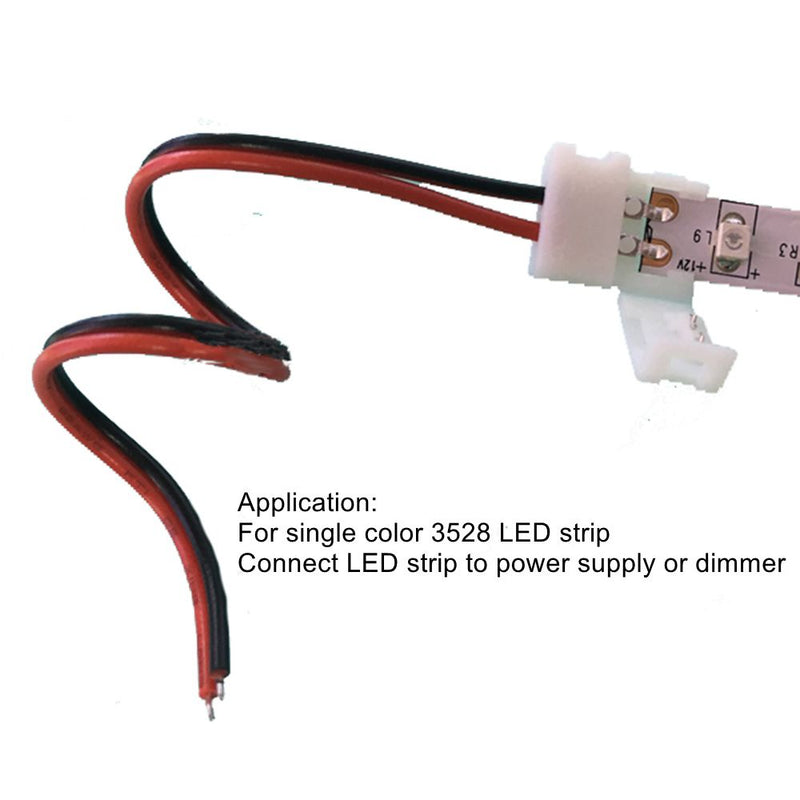 iCreating 8mm 2 Pin LED Strip Connector with Pigtail (10pcs), 3528 Flexible LED Connector Solderless Clamp On Pigtail Adapter for 8mm Wide SMD 3528 2835 Single Color Flexible LED Tape
