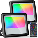 2 Pack 100W RGB LED Flood Light, Bluetooth Smart Floodlights RGBW Color Changing APP Control, Outdoor Waterproof Landscape Lights Dimmable 2700K, 5700K White, 16 Million Colors&Timing& Music Sync