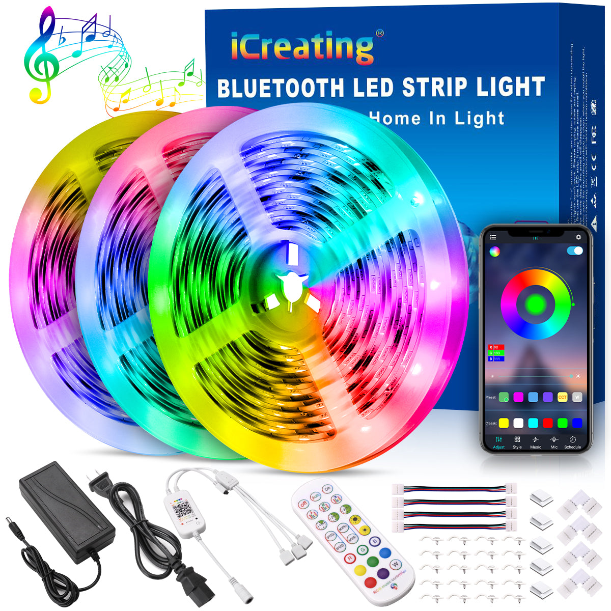 LED Strip Lights 50ft Bluetooth - iCreating 15m RGB Music Sync LED Lig