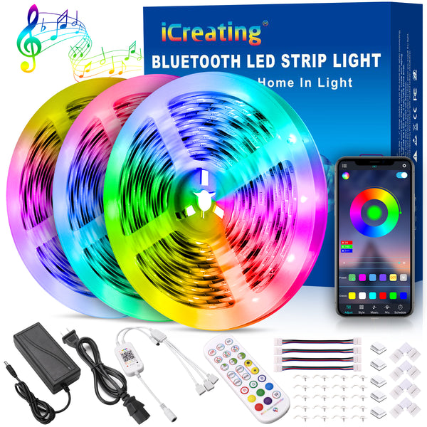LED Strip Lights 50ft Bluetooth - iCreating 15m RGB Music Sync LED Light Strip Kit App Control with 24key IR Remote and 12V Power Supply Color Changing 5050 LED Tape Lights for Home, Bedroom, Kitchen