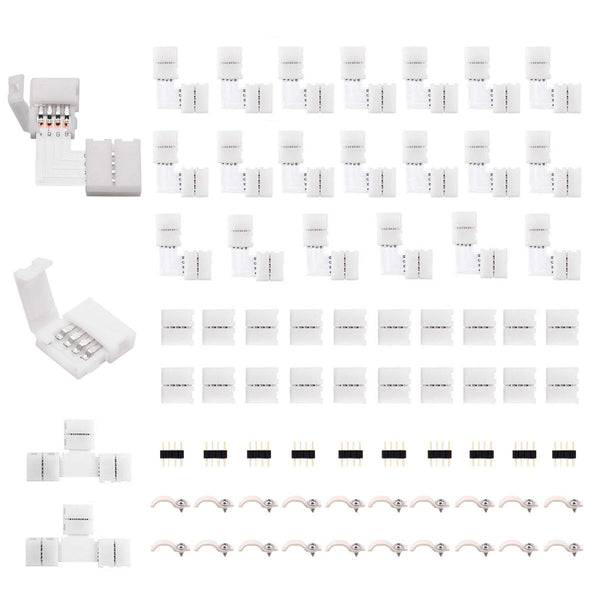 5050 4Pin RGB LED Strip Connector Kit - LED Connector Kit includes 20x L Shape Connectors, 20x Gapless Connectors, 2x T Shape Connector, 20x LED Strip Clips, 10x 4 Pin Male to Male Connector