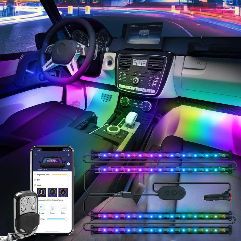 Dreamcolor Car Interior LED Strip Lights with APP and IR Remote, Upgraded 2-in-1 Design 4PCS 72 LEDs Interior Car Lights, DIY Color LED Lighting Kits Sync to Music with Super Length Wires for Various Car