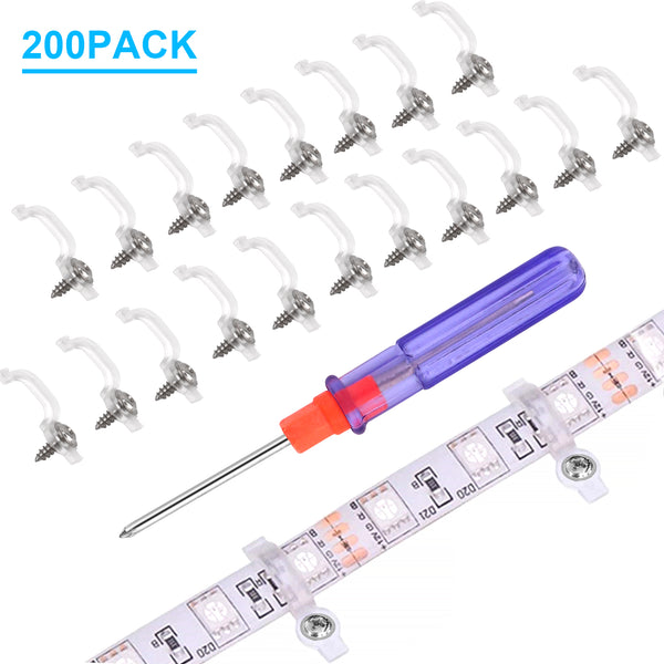 200 Pack LED Strip Clips - iCreating LED Light Strip Mounting Bracket Clips for 10mm Wide IP65 Waterproof 5050 3528 2835 5630 LED Strip Light, One Side Fixing, with 200pcs Screws and 1pcs Screwdriver