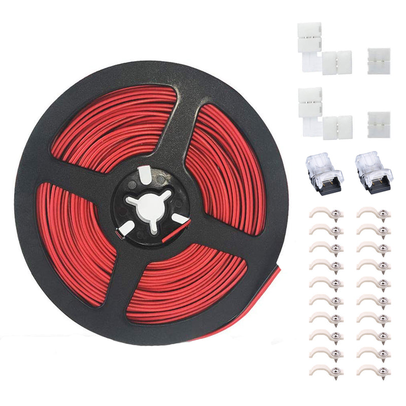 66ft Extension Cable Wire Cord Kit - Includes 66ft Extension Cable, 2X Quick Wire Connector, 2X L Shape LED Strip Connector, 2X Gapless LED Connector, 20X LED Strip Clip for 3528 2835 LED Strip Light