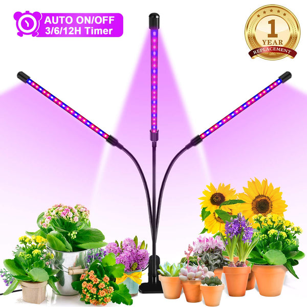 LED Grow Light, 60W Tri Head Timing 60 LED 5 Dimmable Levels Plant Grow Lights for Indoor Plants with Red Blue Spectrum, Adjustable Gooseneck, 3 6 12H Timer, 3 Switch Modes