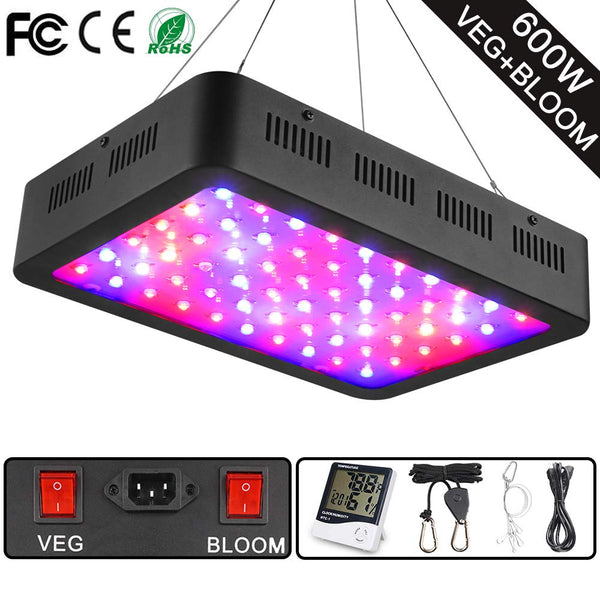 600W LED Grow Light, Full Spectrum Plant Light with Veg and Bloom Double Switch, Thermometer Humidity Monitor, Adjustable Rope, Grow Lamp for Indoor Plants Veg and Flower