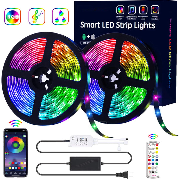Bluetooth 32.8ft RGB LED Strip Lights Music Sync LED Tape Light 300 LEDs SMD5050 Waterproof Color Changing with 24Key Remote Control Decoration for Home TV Party - APP Controlled