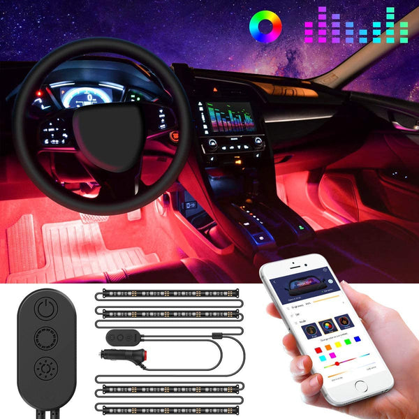 Interior LED Car Lights, iCreating Car LED Strip Light Upgrade Two-Line Design Waterproof 4pcs 48 LED APP Controller Lighting Kits, Multi DIY Color Music Under Dash Car Lighting with Car Charger, DC 12V