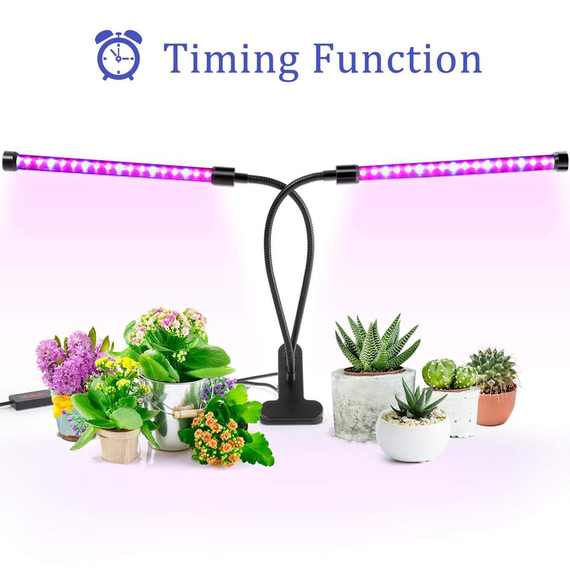 LED Grow Light, 40W Dual Head Timing 5 Dimmable Levels Plant Grow Lights for Indoor Plants with Red Blue Spectrum, Adjustable Gooseneck, 3 6 12H Timer, 3 Switch Modes