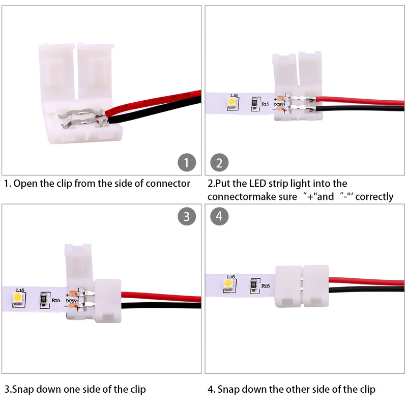 3528 2 Pin LED Strip Connector Kit - Includes 66ft Extension Cable Wire Cord, 10x LED Strip Light Connector Pigtail, 10X Gapless Connectors, 20X LED Strip Clips for LED Strip Light Single Color 3528