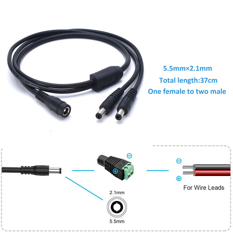 iCreating 1 to 2 Way DC Splitter Cable - 2Pack DC Y Splitter 1 Male to 2 Female Way dc Power Splitter Cable Barrel Plug 5.5x2.1mm with DC Female Connectors for CCTV Cameras, LED Strip Light
